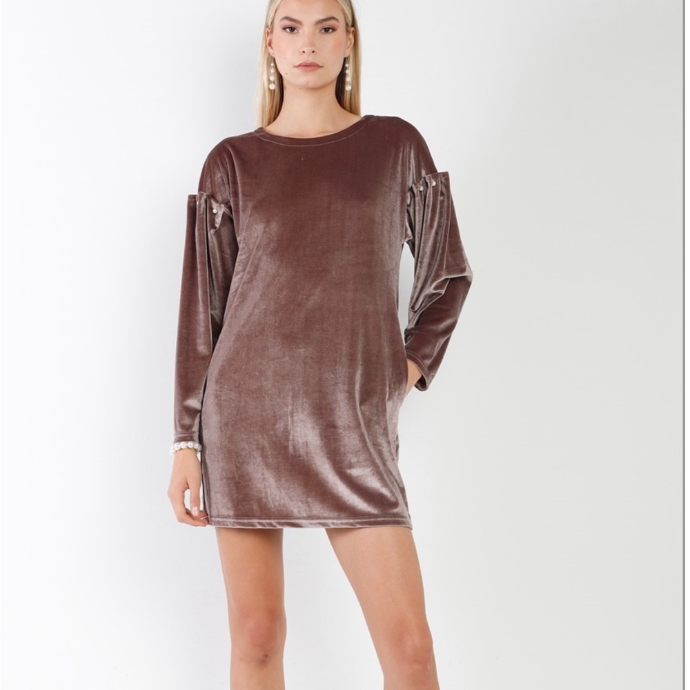 Cocoa Velvet Long Sleeve Pearl Detail Mini Dress